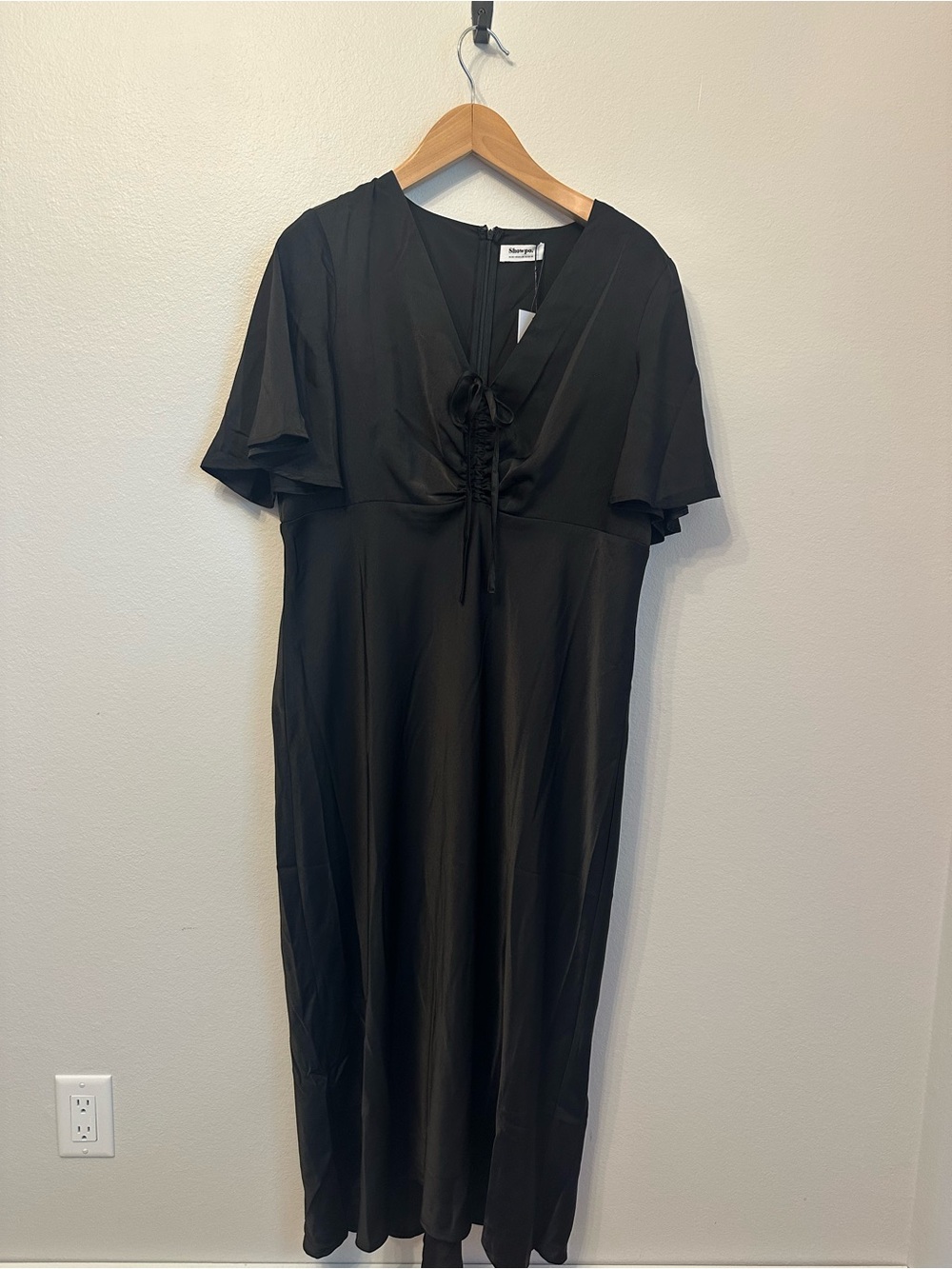 Showpo. Nicholla Midi Dress Black Ruched Front Angel Sleeve Slip Dress
